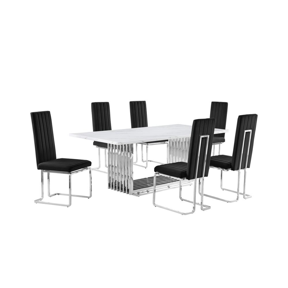 7pc Large(79") marble top dining set with silver base and 6 Black side chairs