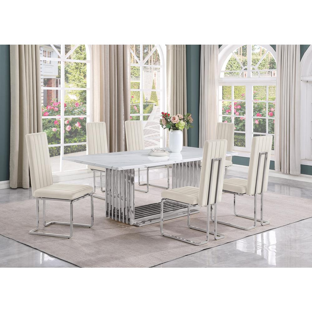 7pc Large(79") marble top dining set with silver base and 6 Cream side chairs