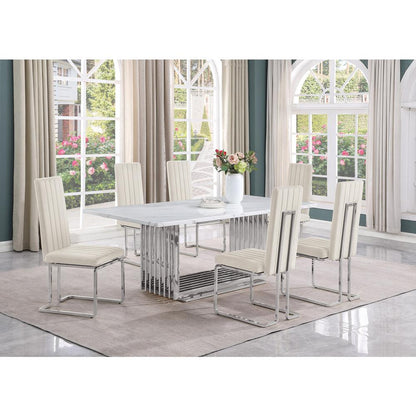 7pc Large(79") marble top dining set with silver base and 6 Cream side chairs