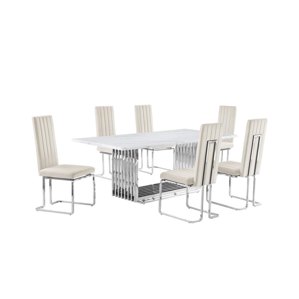 7pc Large(79") marble top dining set with silver base and 6 Cream side chairs