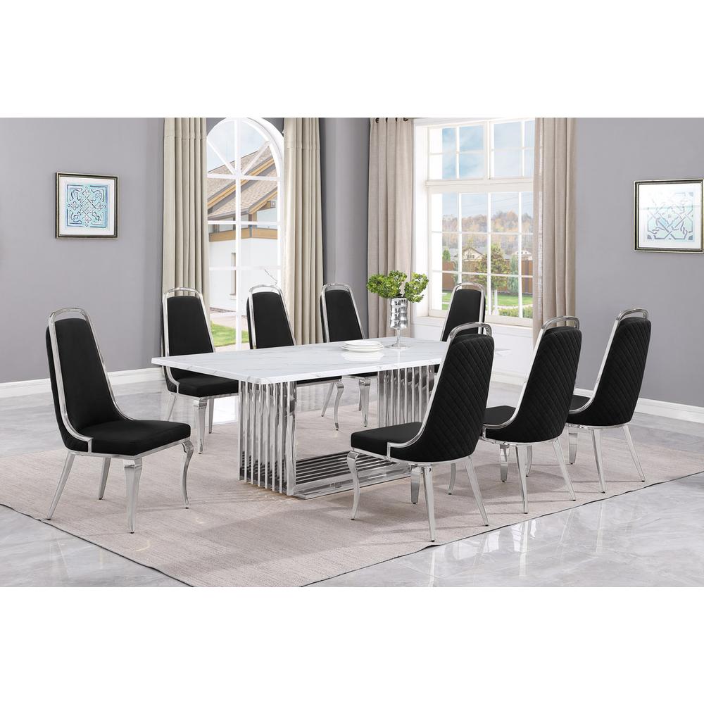 9pc Large(79") marble top dining set with silver base and 8 Black side chairs