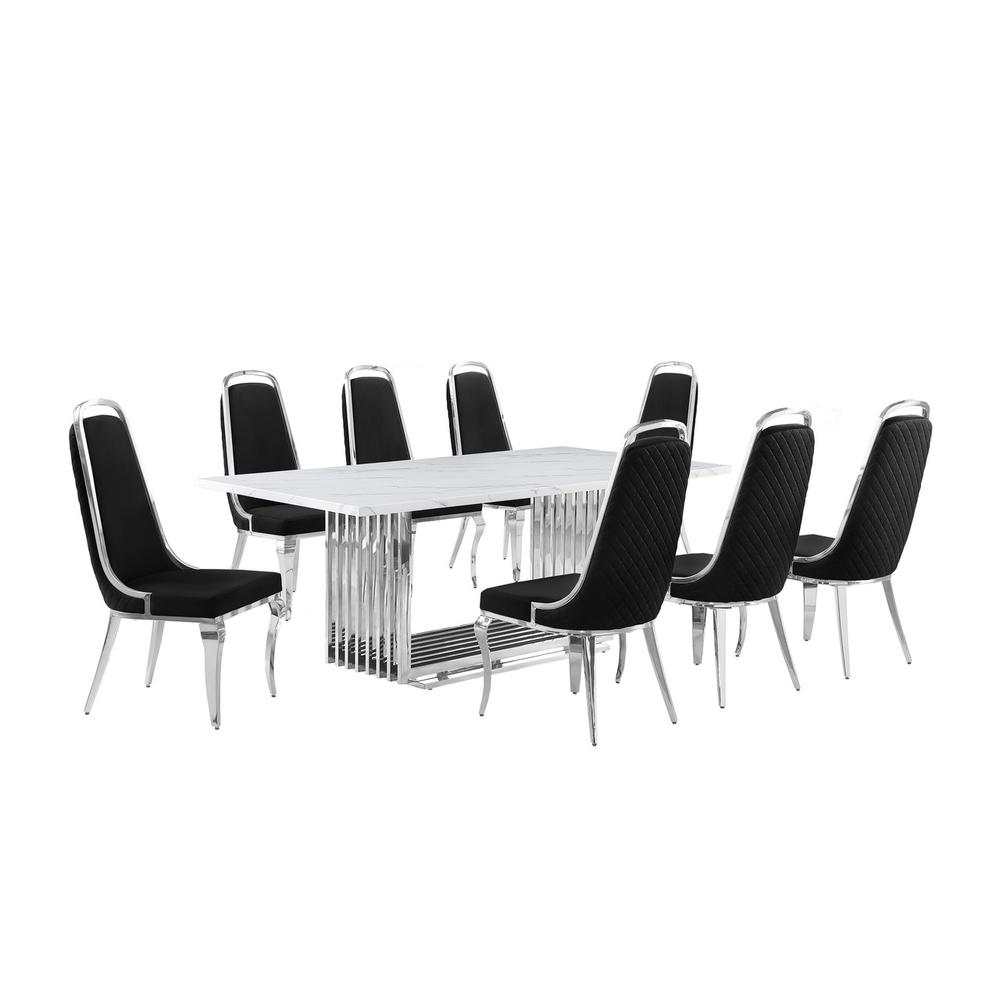 9pc Large(79") marble top dining set with silver base and 8 Black side chairs