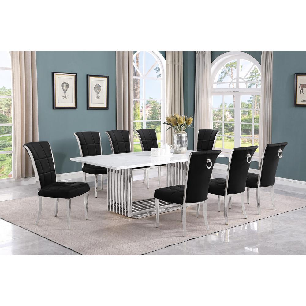 9pc Large(79") marble top dining set with silver base and 8 Black side chairs