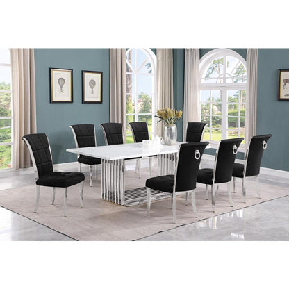 9pc Large(79") marble top dining set with silver base and 8 Black side chairs