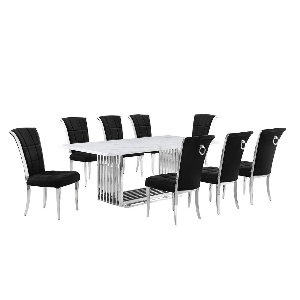 9pc Large(79") marble top dining set with silver base and 8 Black side chairs