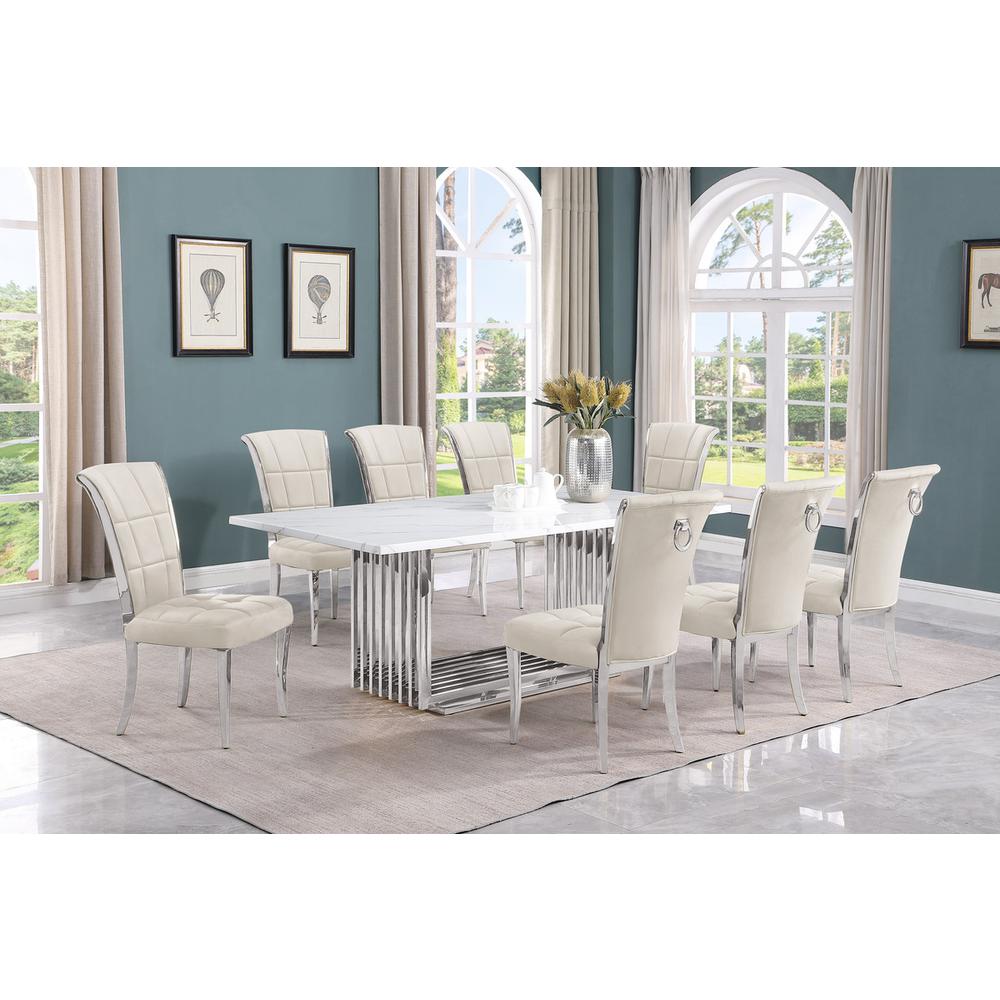 9pc Large(79") marble top dining set with silver base and 8 cream side chairs