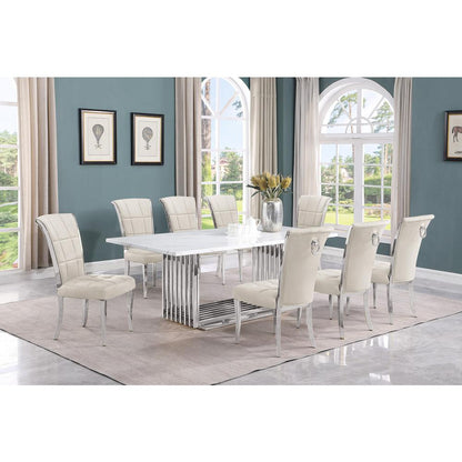 9pc Large(79") marble top dining set with silver base and 8 cream side chairs