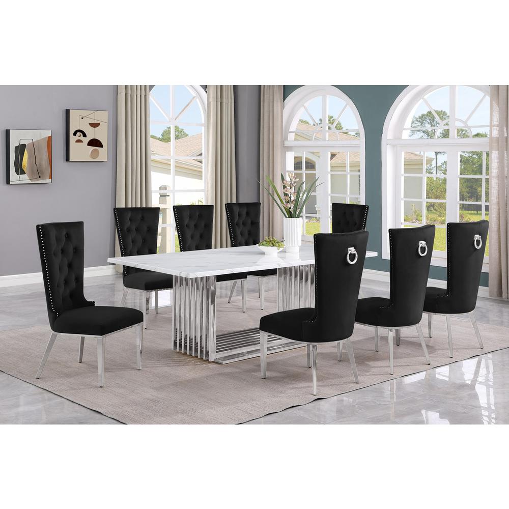 9pc Large(79") marble top dining set with silver base and 8 Black side chairs
