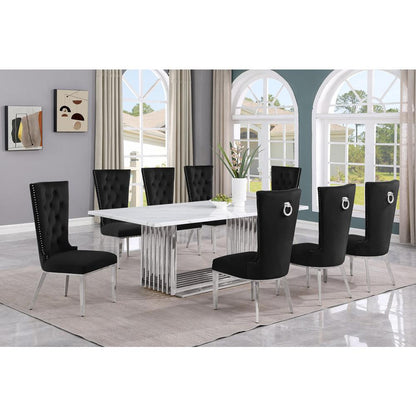 9pc Large(79") marble top dining set with silver base and 8 Black side chairs