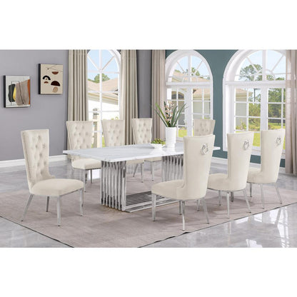 9pc Large(79") marble top dining set with silver base and 8 cream side chairs