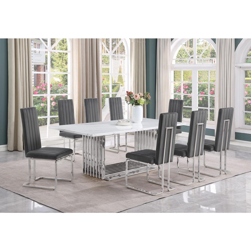 9pc Large(79") marble top dining set with silver base and 8 Dark grey chairs