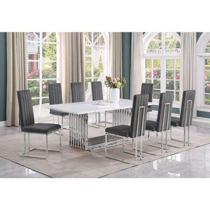 9pc Large(79") marble top dining set with silver base and 8 Dark grey chairs