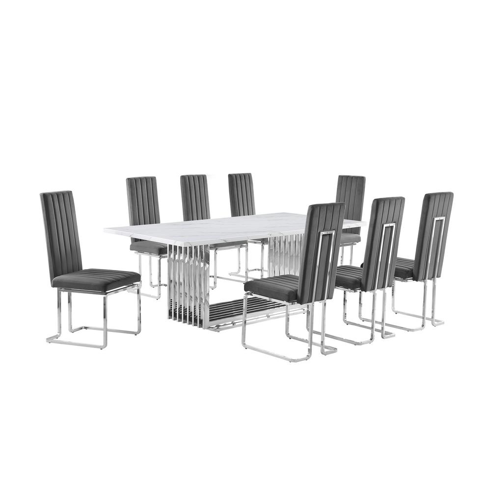9pc Large(79") marble top dining set with silver base and 8 Dark grey chairs