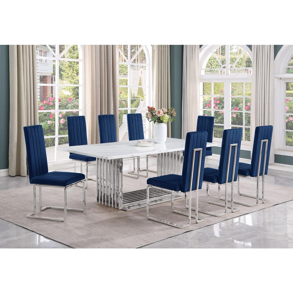9pc Large(79") marble top dining set with silver base and 8 Navy blue chairs