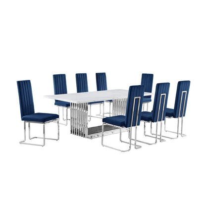 9pc Large(79") marble top dining set with silver base and 8 Navy blue chairs