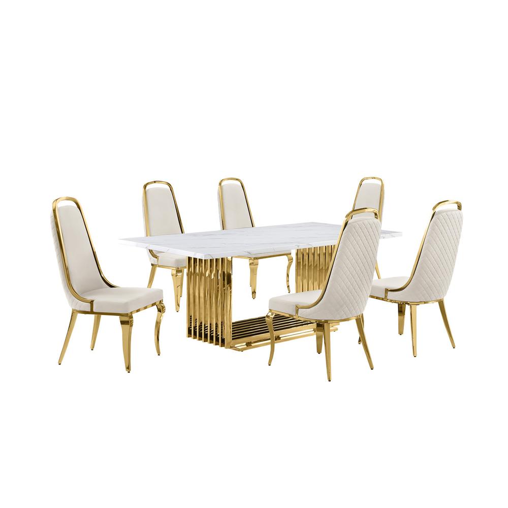 7pc Small(68") marble top dining set with gold base and 6 Cream side chairs