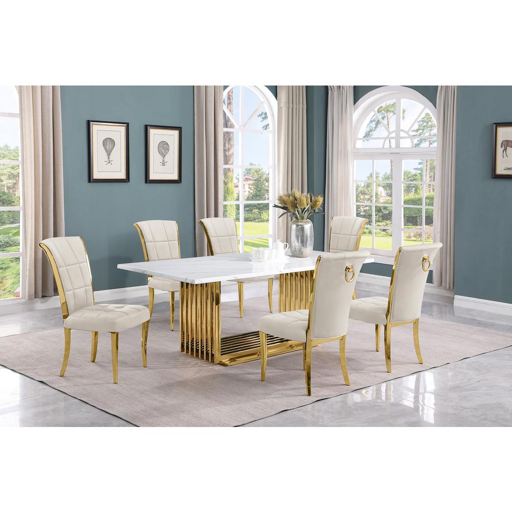 7pc Small(79") marble top dining set with gold base and 6 Cream side chairs