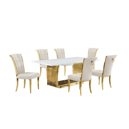 7pc Small(79") marble top dining set with gold base and 6 Cream side chairs
