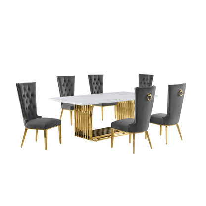 7pc Large(79") marble top dining set with gold base and 6 Dark grey side chairs