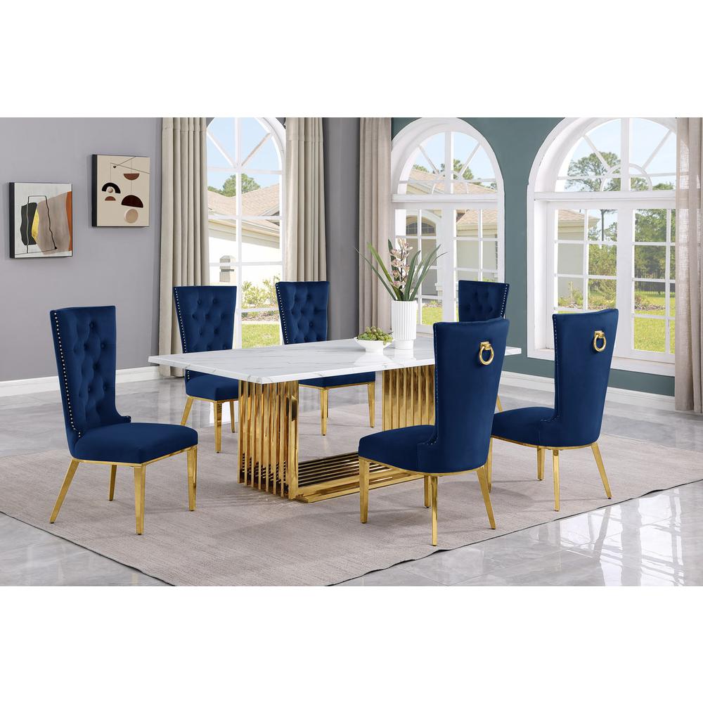 7pc Large(79") marble top dining set with gold base and 6 Navy blue side chairs