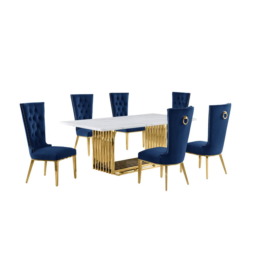 7pc Large(79") marble top dining set with gold base and 6 Navy blue side chairs