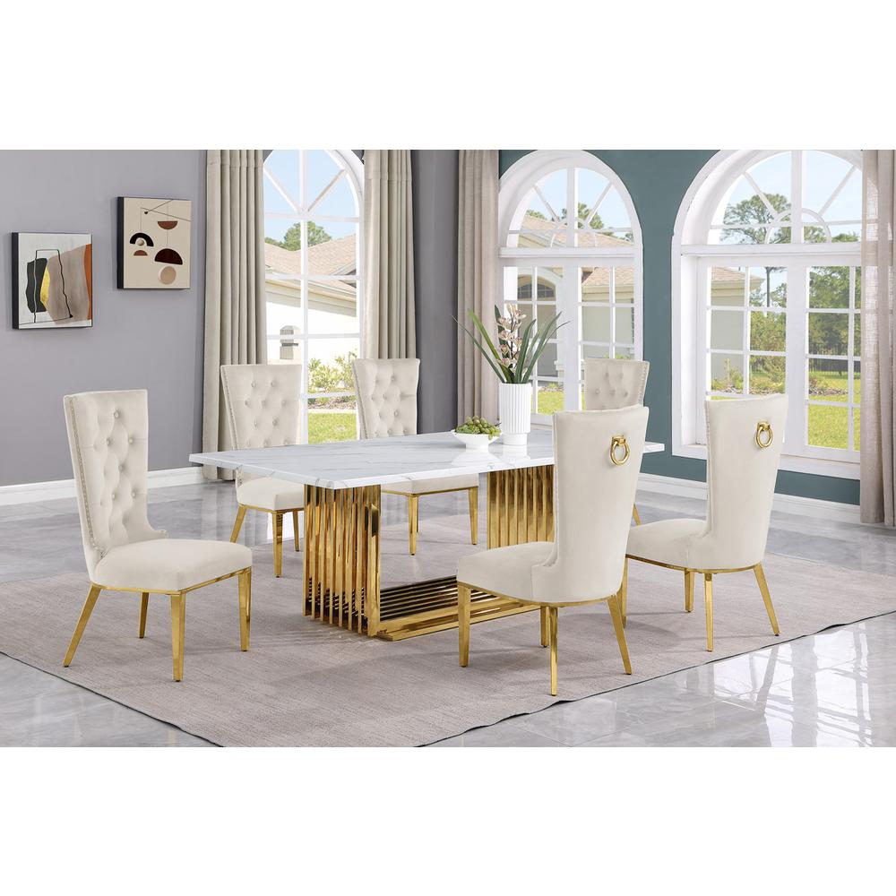 7pc Large(79") marble top dining set with gold base and 6 Cream side chairs