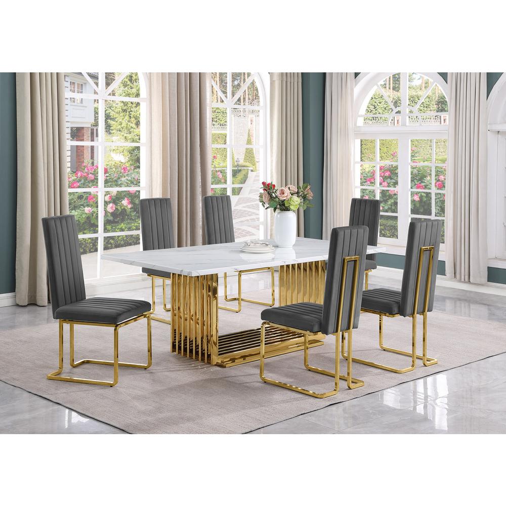 7pc Large(79") marble top dining set with gold base and 6 Dark grey side chairs