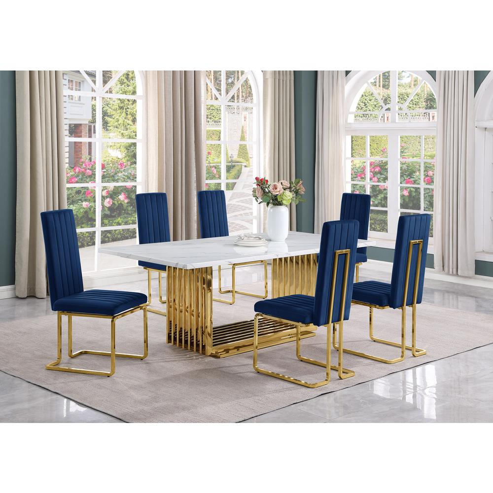 7pc Large(79") marble top dining set with gold base and 6 Navy blue side chairs
