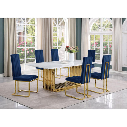 7pc Large(79") marble top dining set with gold base and 6 Navy blue side chairs