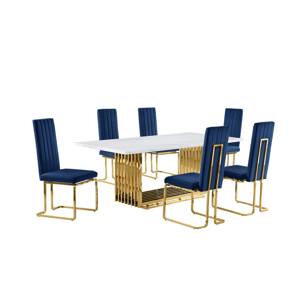 7pc Large(79") marble top dining set with gold base and 6 Navy blue side chairs
