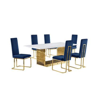 7pc Large(79") marble top dining set with gold base and 6 Navy blue side chairs