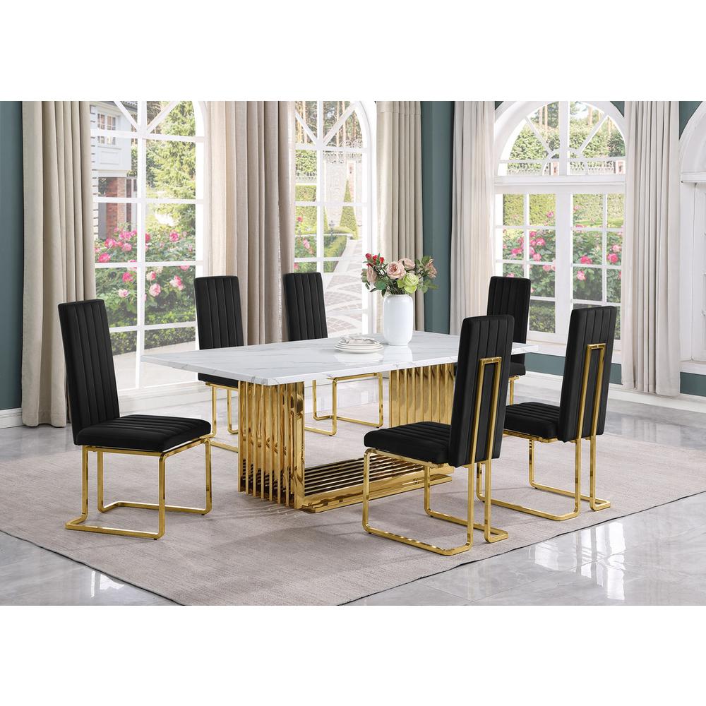 7pc Large(79") marble top dining set with gold base and 6 Black side chairs