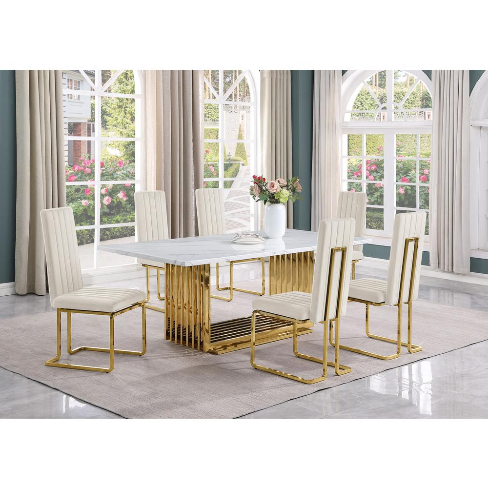 7pc Large(79") marble top dining set with gold base and 6 Cream side chairs
