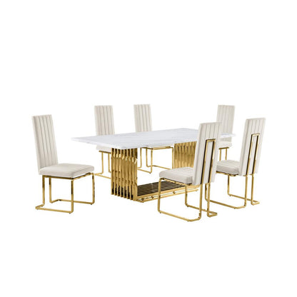 7pc Large(79") marble top dining set with gold base and 6 Cream side chairs