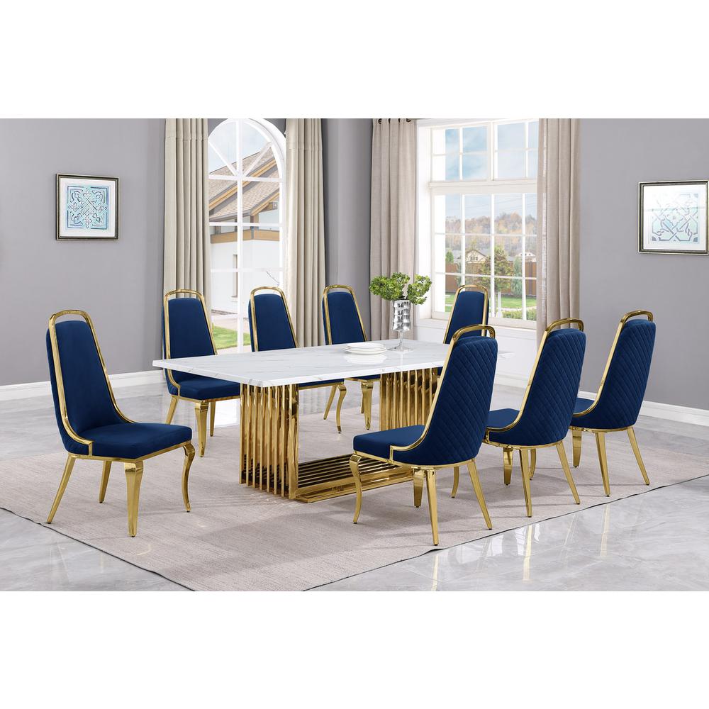 9pc Large(79") marble top dining set with gold base and 8 Navy blue side chairs