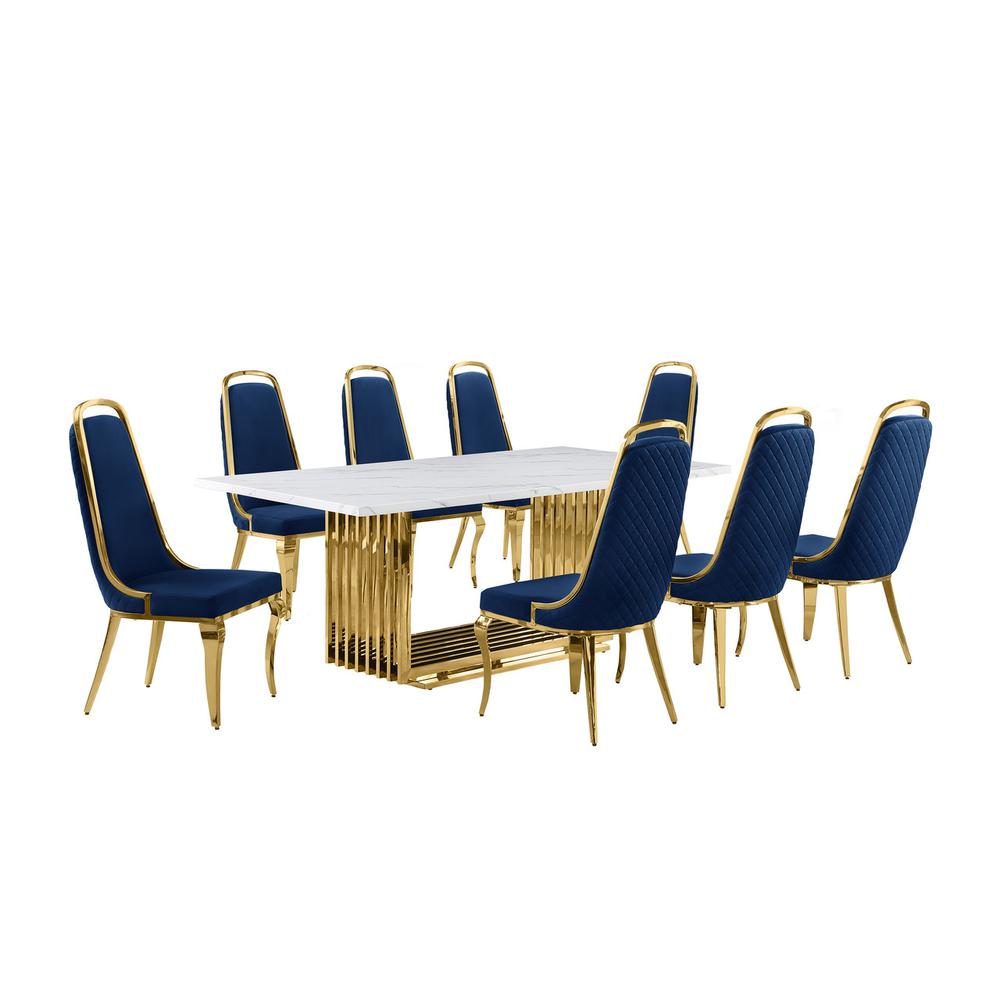 9pc Large(79") marble top dining set with gold base and 8 Navy blue side chairs