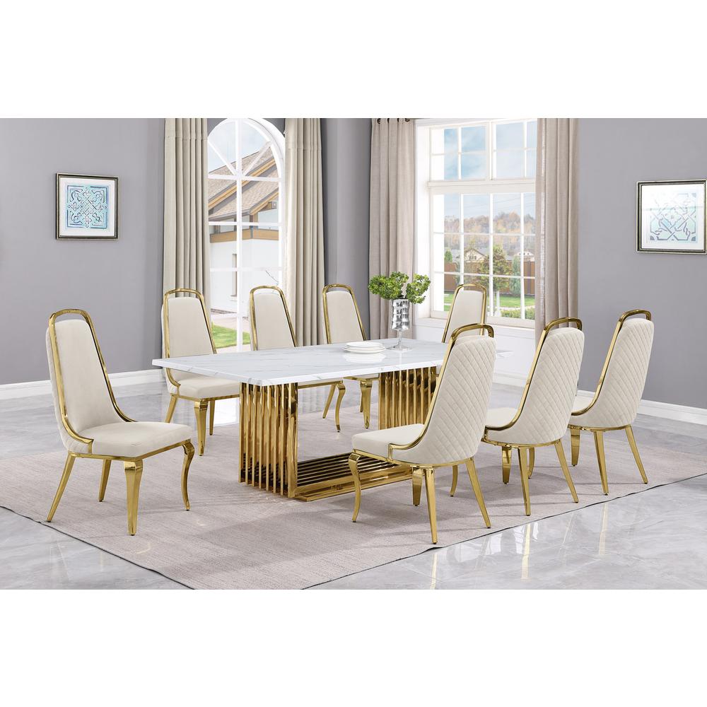9pc Large(79") marble top dining set with gold base and 8 Cream side chairs