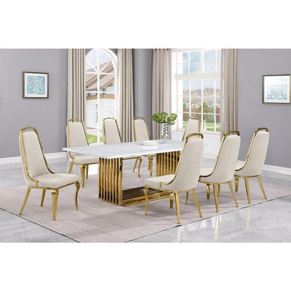 9pc Large(79") marble top dining set with gold base and 8 Cream side chairs