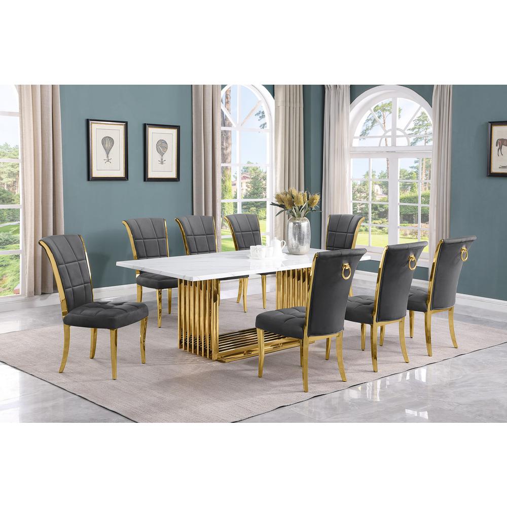 9pc Large(79") marble top dining set with gold base and 8 Dark grey side chairs