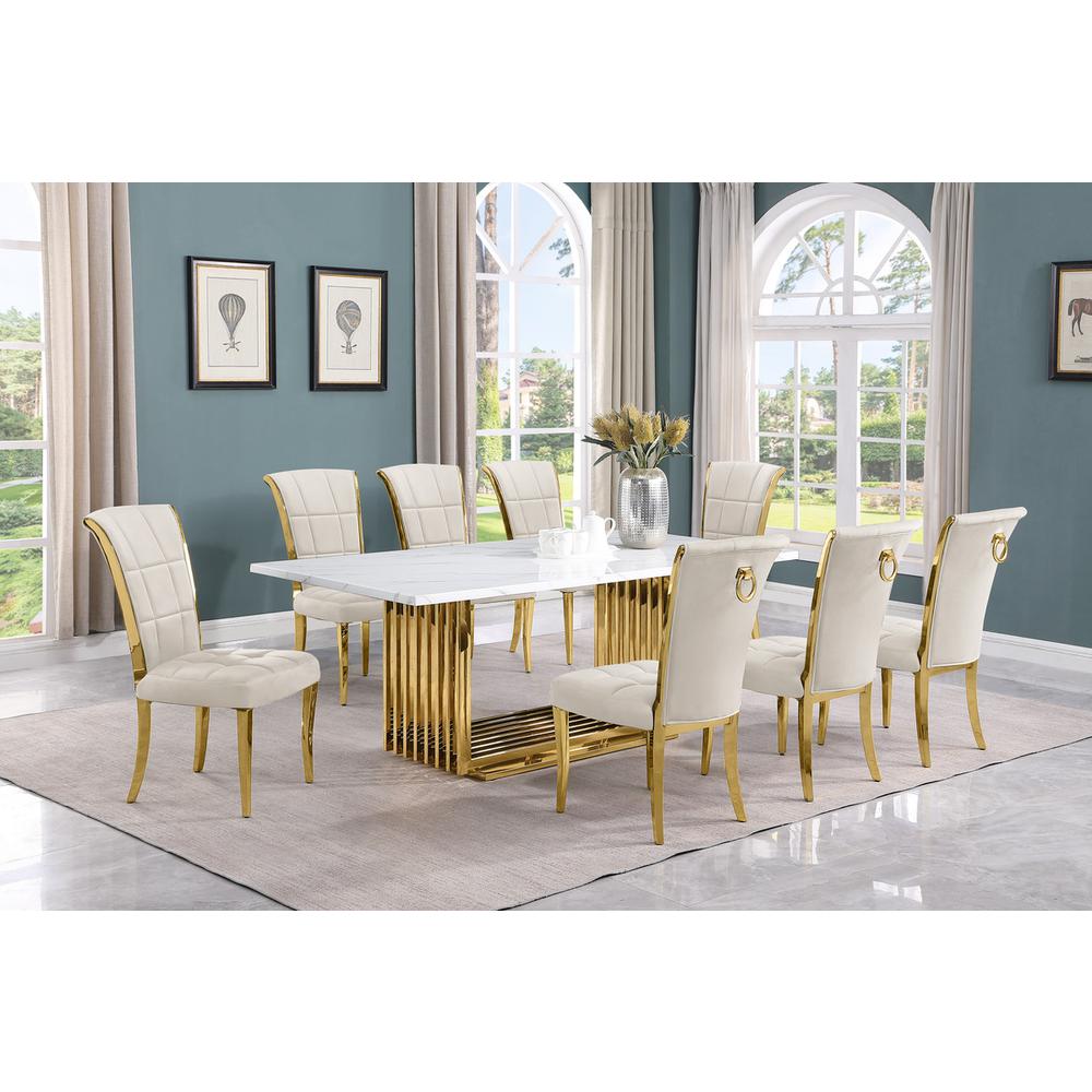 9pc Large(79") marble top dining set with gold base and 8 Cream side chairs