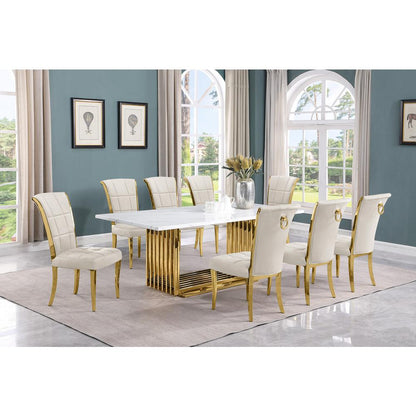 9pc Large(79") marble top dining set with gold base and 8 Cream side chairs