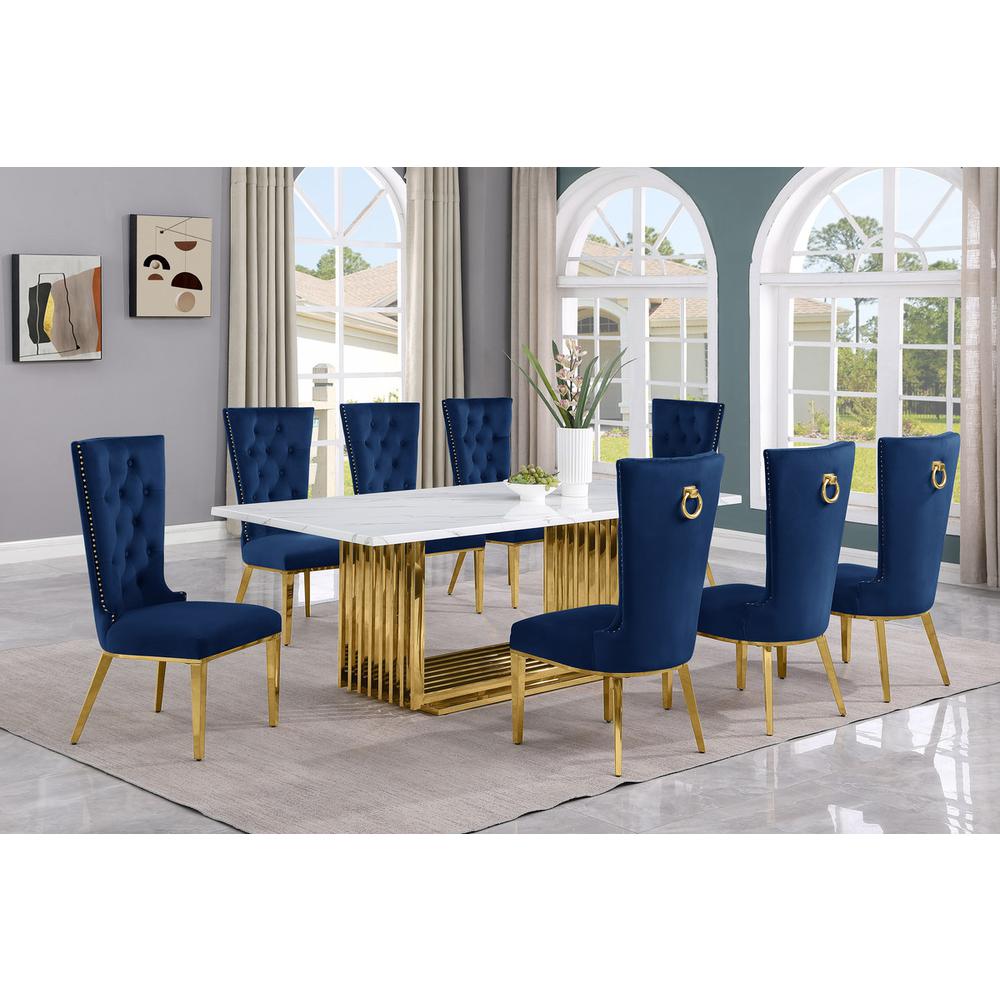9pc Large(79") marble top dining set with gold base and 8 Navy blue side chairs