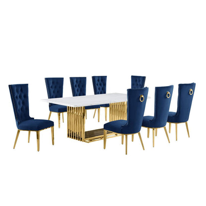 9pc Large(79") marble top dining set with gold base and 8 Navy blue side chairs