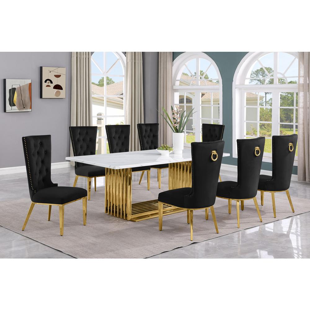 9pc Large(79") marble top dining set with gold base and 8 Black side chairs