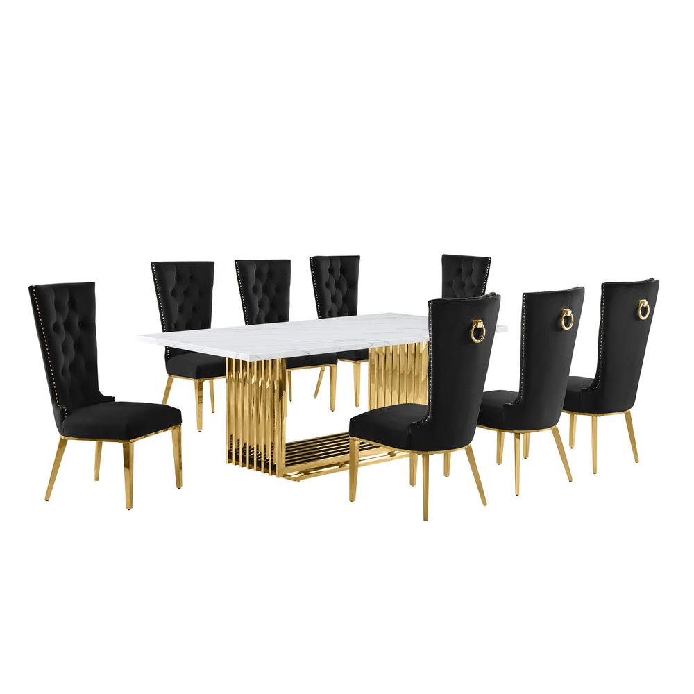 9pc Large(79") marble top dining set with gold base and 8 Black side chairs