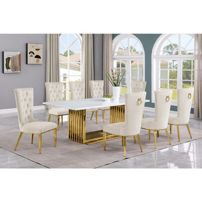9pc Large(79") marble top dining set with gold base and 8 cream side chairs