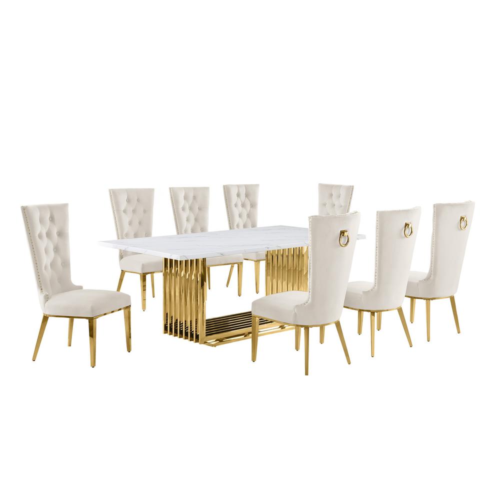 9pc Large(79") marble top dining set with gold base and 8 cream side chairs