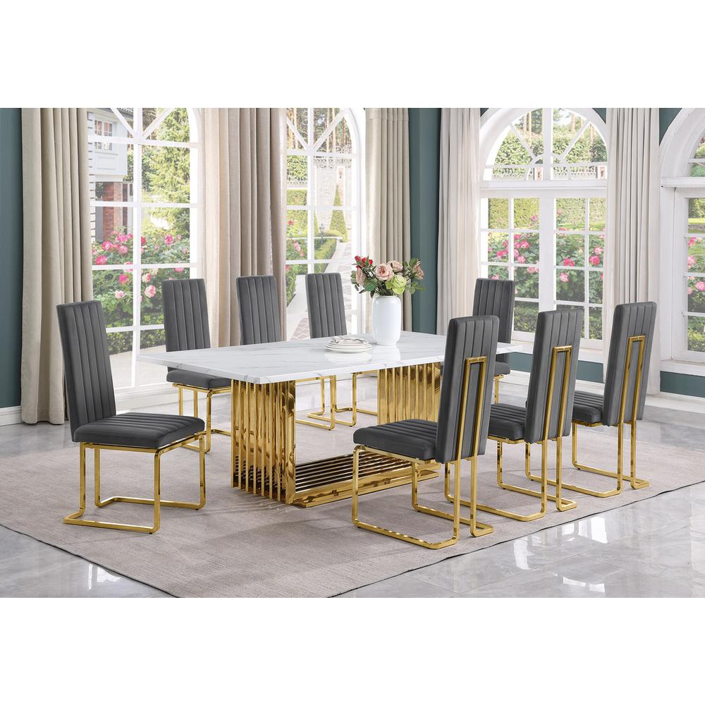 9pc Large(79") marble top dining set with gold base and 8 Dark grey side chairs