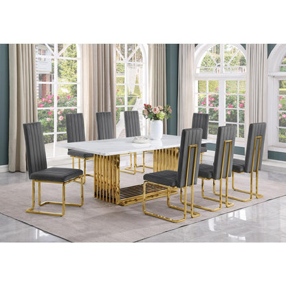 9pc Large(79") marble top dining set with gold base and 8 Dark grey side chairs