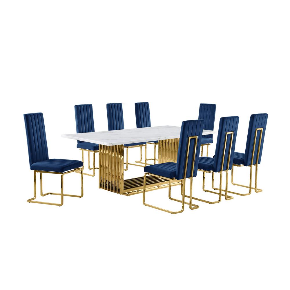 9pc Large(79") marble top dining set with gold base and 8 Navy blue side chairs